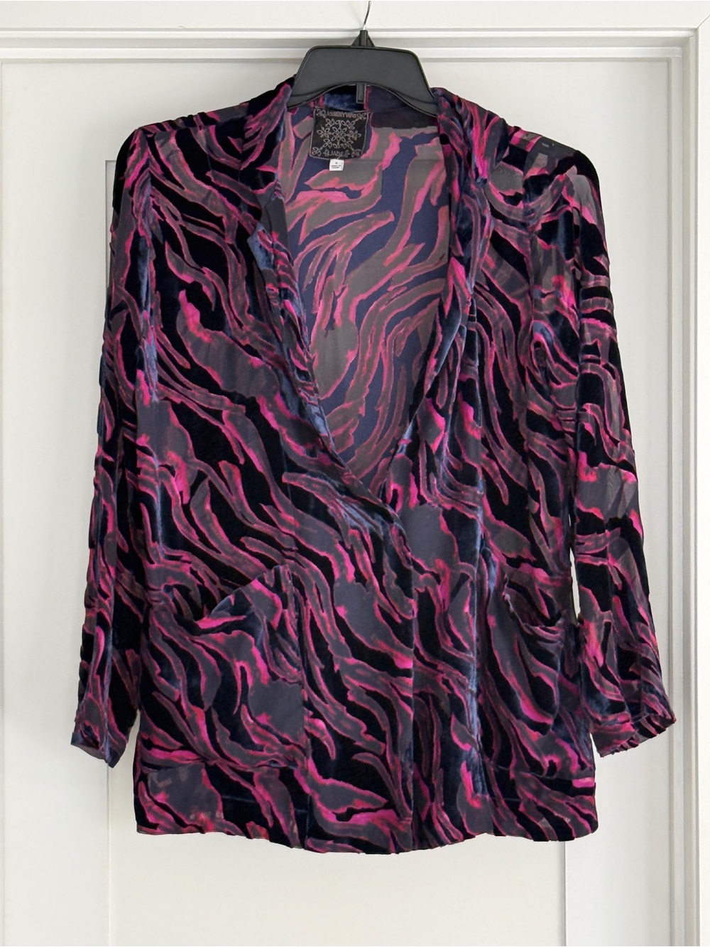 Johnny Was Velvet Burnout Wrap-Front Blouse in Pink Black